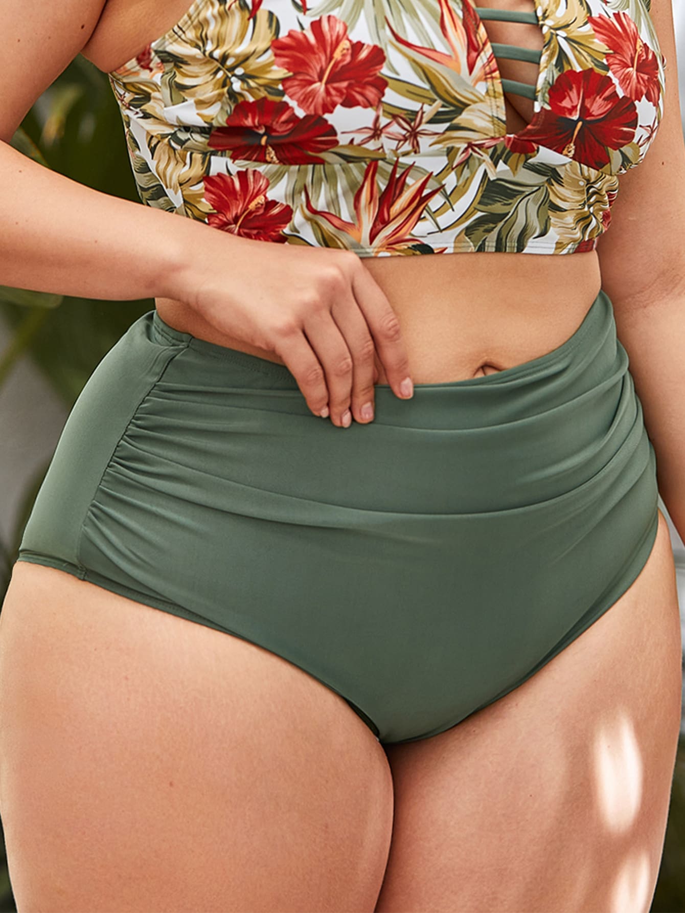 Swim Lushoire Summer Beach Plus Plain High Waisted Bikini Bottom - Army Green - View 1