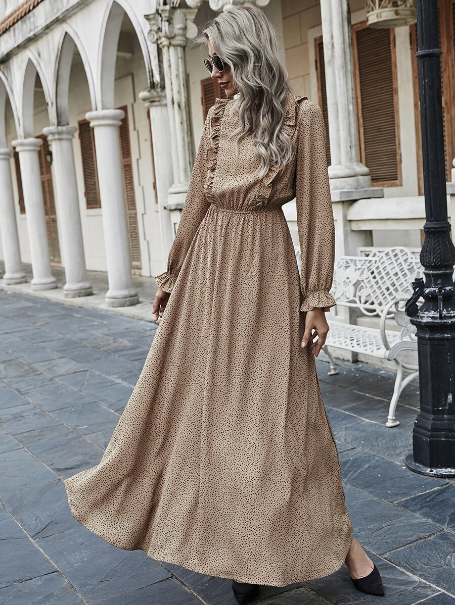 Dalmatian Print Ruffle Trim Flounce Sleeve Dress - Apricot - View 1