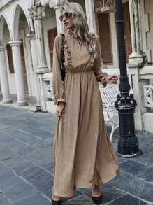 Dalmatian Print Ruffle Trim Flounce Sleeve Dress - Apricot - View 4