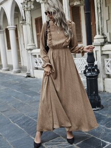 Dalmatian Print Ruffle Trim Flounce Sleeve Dress - Apricot - View 5