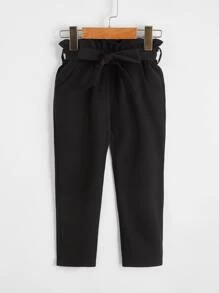 Girls Belted Paper Bag Waist Trousers - Black - View 1