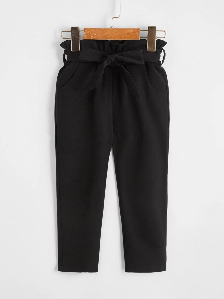 Girls Belted Paper Bag Waist Trousers - Black - View 1