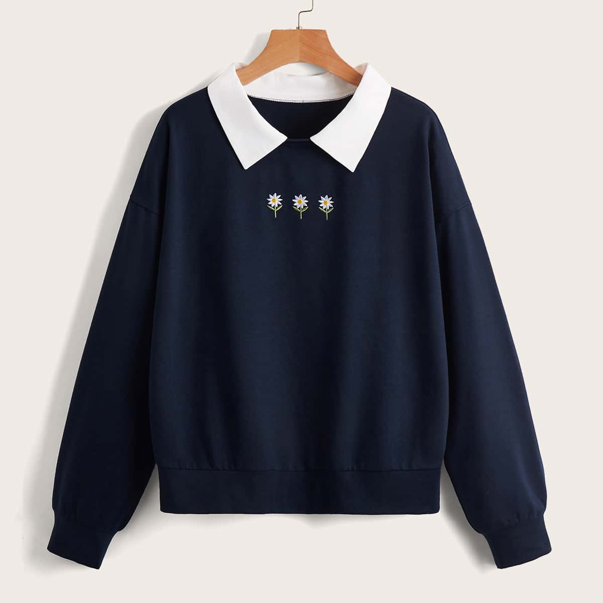 

Floral Embroidery Contrast Collar Sweatshirt, Navy blue