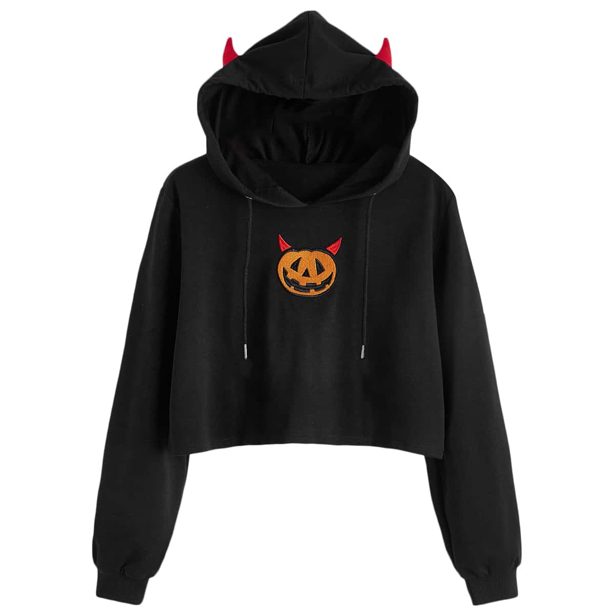 

Halloween Embroidery Drawstring Hoodie, Black