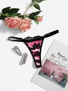 迷彩圖案蕾絲邊丁字褲 - 彩色 - 查看 1