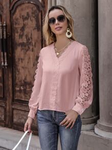 SHEIN Clasi Solid Contrast Lace Blouse - Baby Pink - View 3