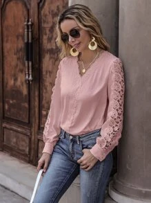 SHEIN Clasi Solid Contrast Lace Blouse - Baby Pink - View 4