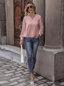 SHEIN Clasi Solid Contrast Lace Blouse - Baby Pink - View 6