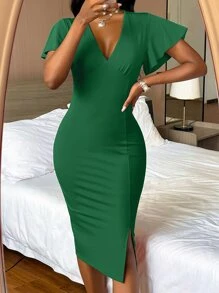 SHEIN Clasi 深V領蝴蝶袖下擺開叉緊身連衣裙 - 綠色 - 查看 1