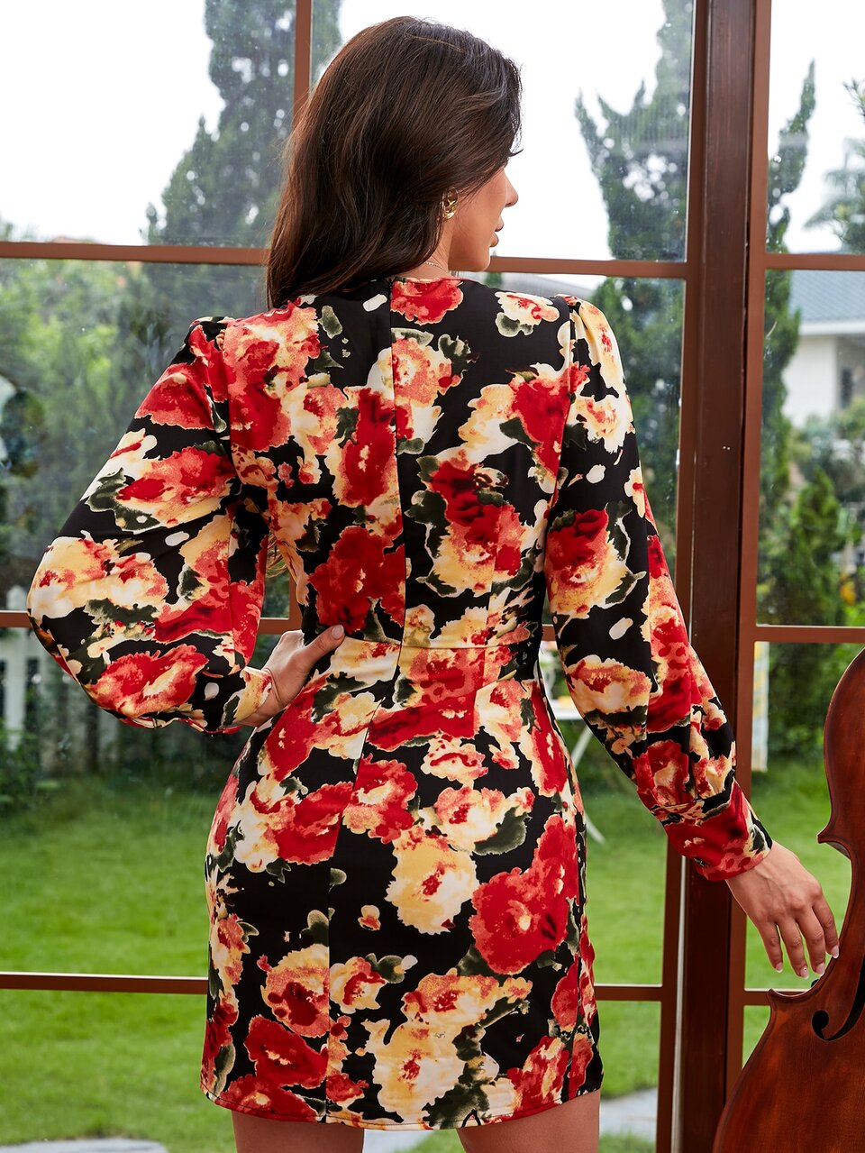 Floral Square Neck Puff Sleeve Fitted Dress