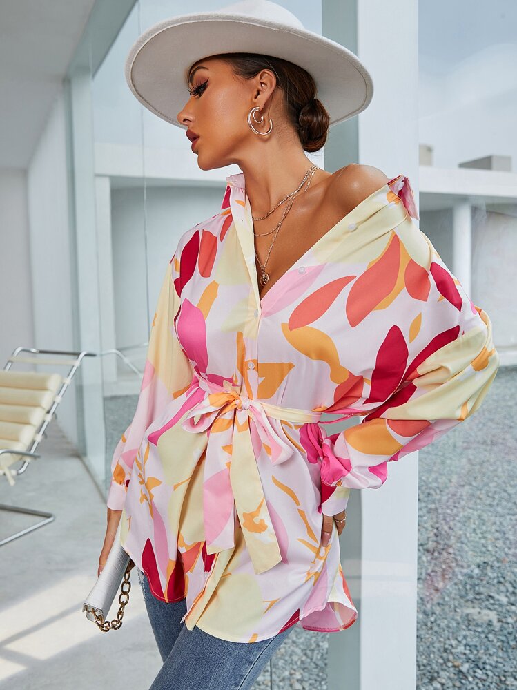 Graphic Print Belted Longline Blouse - Multicolor - View 1