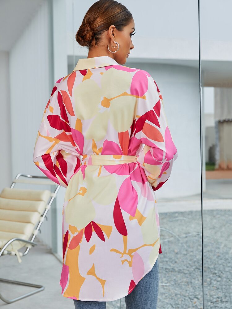 Graphic Print Belted Longline Blouse - Multicolor - View 2