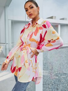 Graphic Print Belted Longline Blouse - Multicolor - View 3
