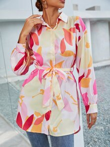 Graphic Print Belted Longline Blouse - Multicolor - View 4
