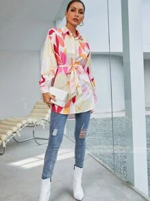 Graphic Print Belted Longline Blouse - Multicolor - View 5