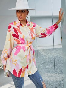 Graphic Print Belted Longline Blouse - Multicolor - View 6