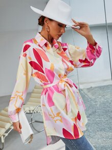 Graphic Print Belted Longline Blouse - Multicolor - View 7