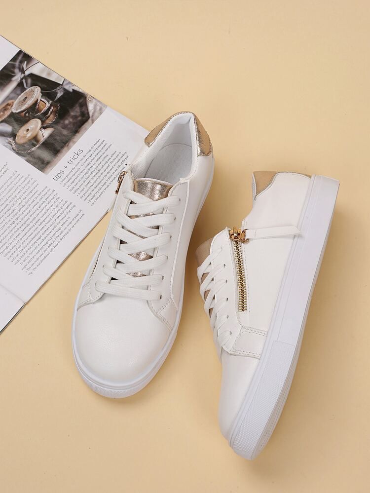 Metallic Zip Front Lace-up Front Sneakers - White - View 3