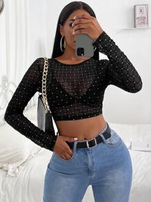 Zolique Rhinestone Sheer Crop Top Fall Cloth For Women - Black - View 1