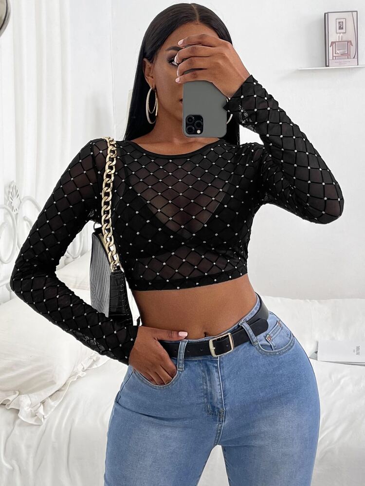 Rhinestone Sheer Crop Top Fall Cloth For Women