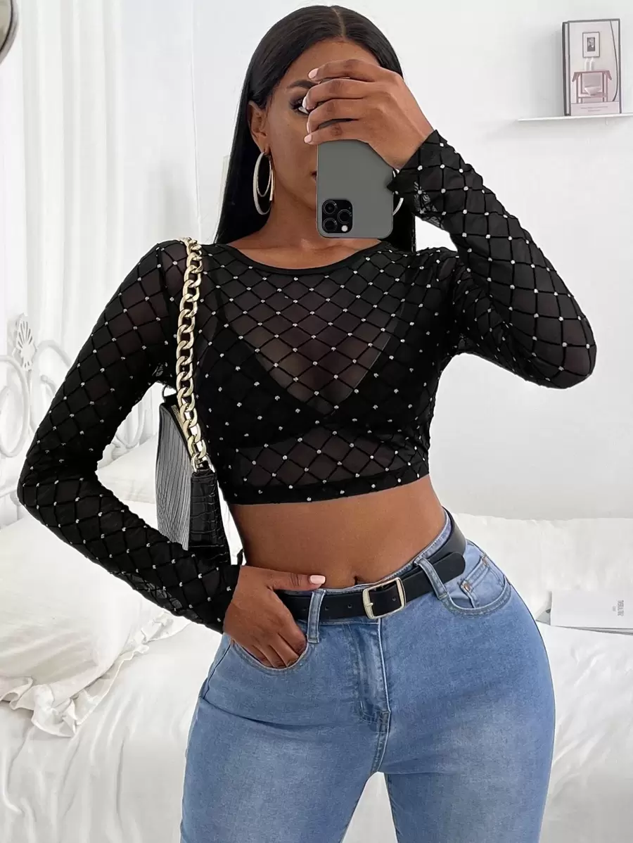 Zolique Rhinestone Sheer Crop Top Fall Cloth For Women - Black - View 1