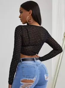 Zolique Rhinestone Sheer Crop Top Fall Cloth For Women - Black - View 2