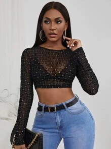 Zolique Rhinestone Sheer Crop Top Fall Cloth For Women - Black - View 3