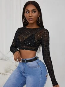 Zolique Rhinestone Sheer Crop Top Fall Cloth For Women - Black - View 5