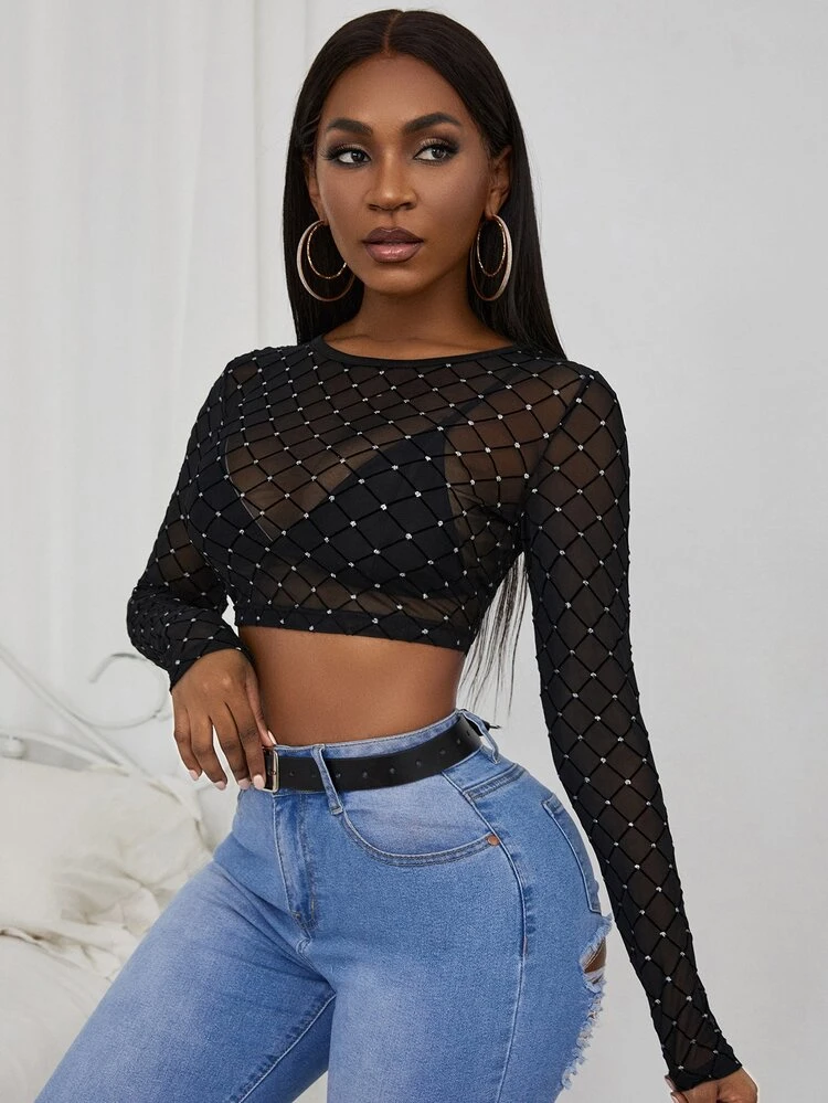 Rhinestone Sheer Crop Top Fall Cloth For Women