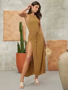 SHEIN VCAY Tie Front Split Thigh Dress - Camel - View 1