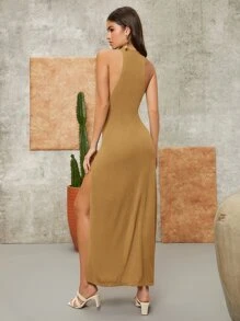 SHEIN VCAY Tie Front Split Thigh Dress - Camel - View 2