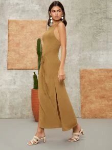 SHEIN VCAY Tie Front Split Thigh Dress - Camel - View 3