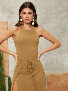 SHEIN VCAY Tie Front Split Thigh Dress - Camel - View 5