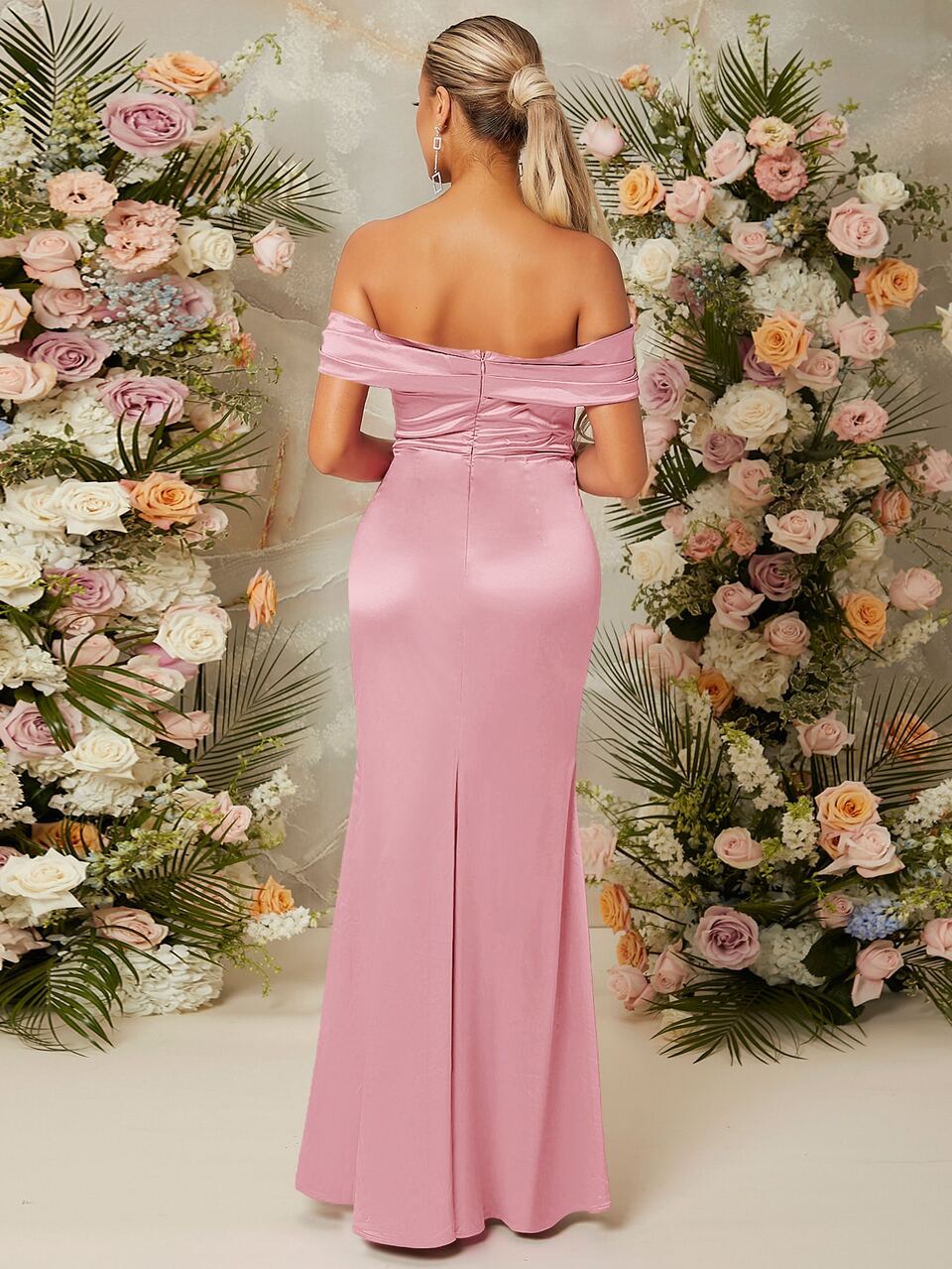 Off Shoulder Wrap Hem Zip Back Dress
