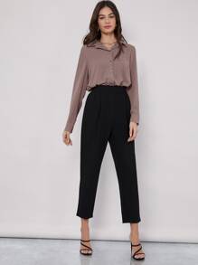 BizChic 女士纯色翻领开衫长袖垂坠衬衫，基本款都市通勤风格，简约优雅时尚商务休闲装，适合教师和办公室穿着，秋季