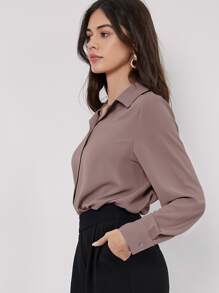 BizChic 女士纯色翻领开衫长袖垂坠衬衫，基本款都市通勤风格，简约优雅时尚商务休闲装，适合教师和办公室穿着，秋季