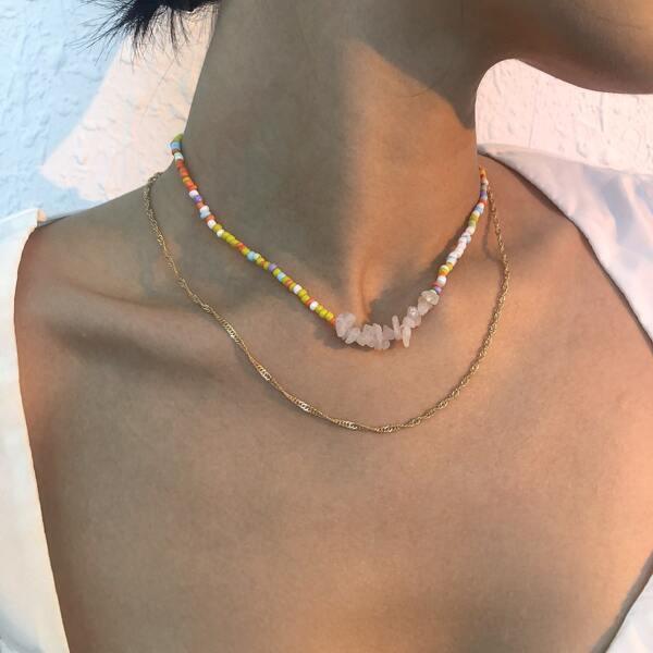

2pcs Stone Decor Beaded Necklace, Multicolor