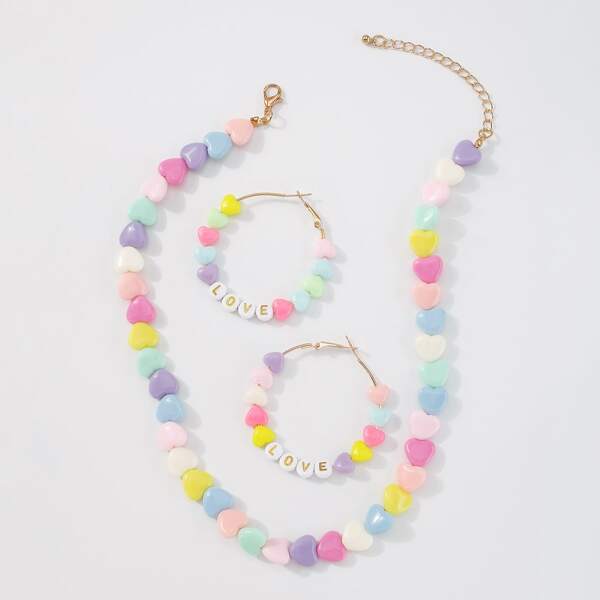 

Letter & Heart Beaded Necklace & Hoop Earrings, Multicolor