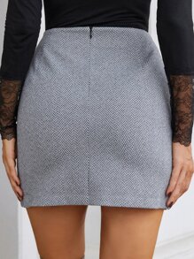 SHEIN Frenchy Xương cá trích In Chân Váy xẻ - Xám - Xem 2