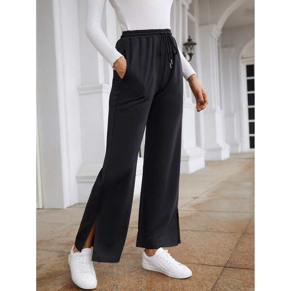 

Drawstring Waist Split Hem Sweatpants, Black