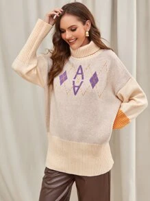 SHEIN EZwear Turtleneck Argyle Pattern Drop Shoulder Sweater