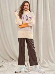 SHEIN EZwear Turtleneck Argyle Pattern Drop Shoulder Sweater