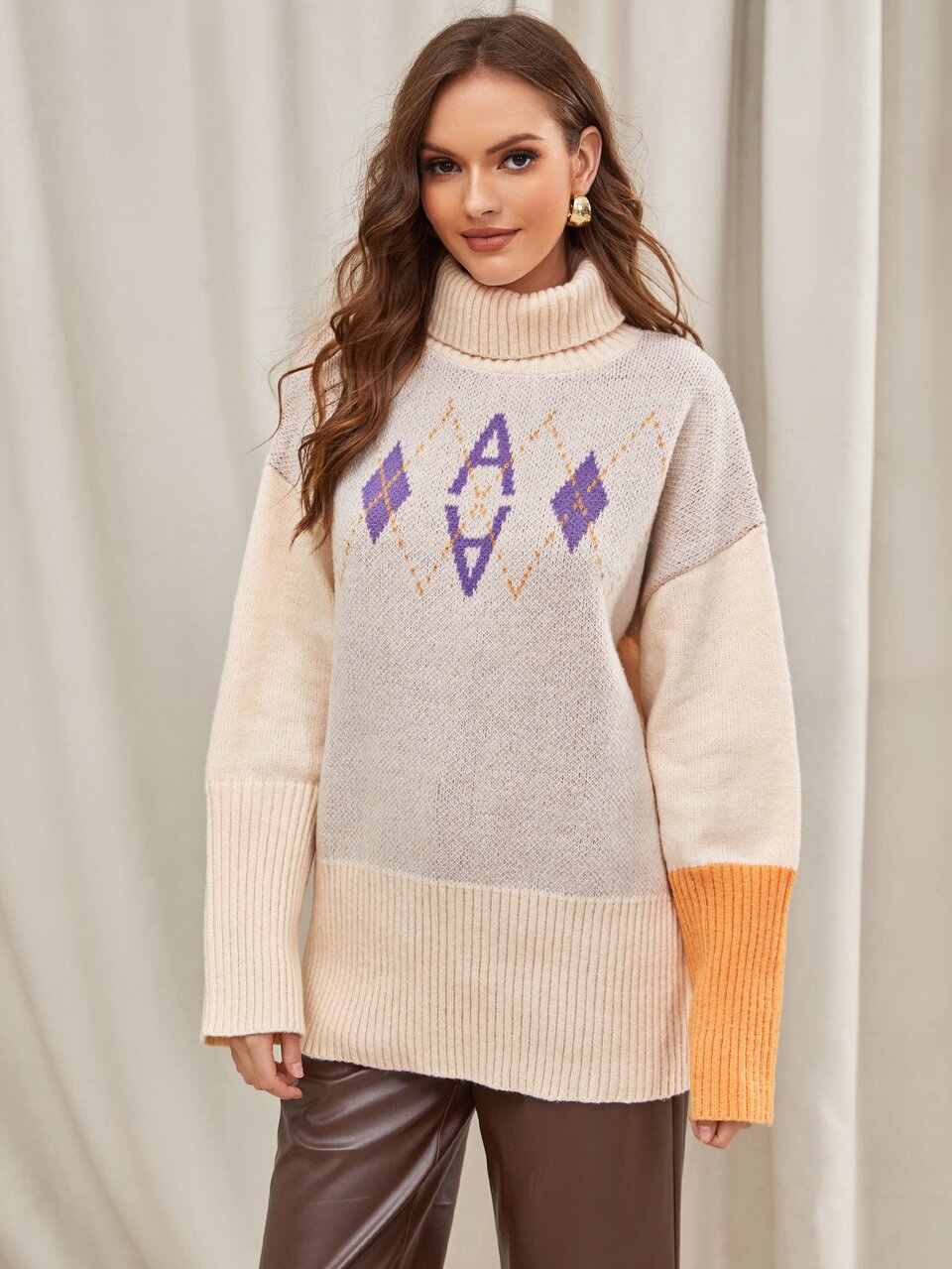 Turtleneck Argyle Pattern Drop Shoulder Sweater