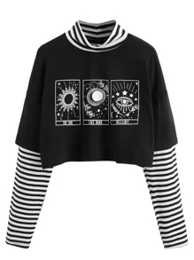 SHEIN Unity Áo thun nữ Lá thư Sọc Giải trí - màu đen - Xem 1