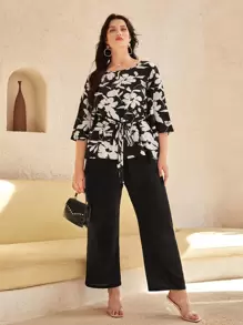 SHEIN Clasi Plus Floral Print Belted Top & Wide Leg Pants - Black and White - View 1