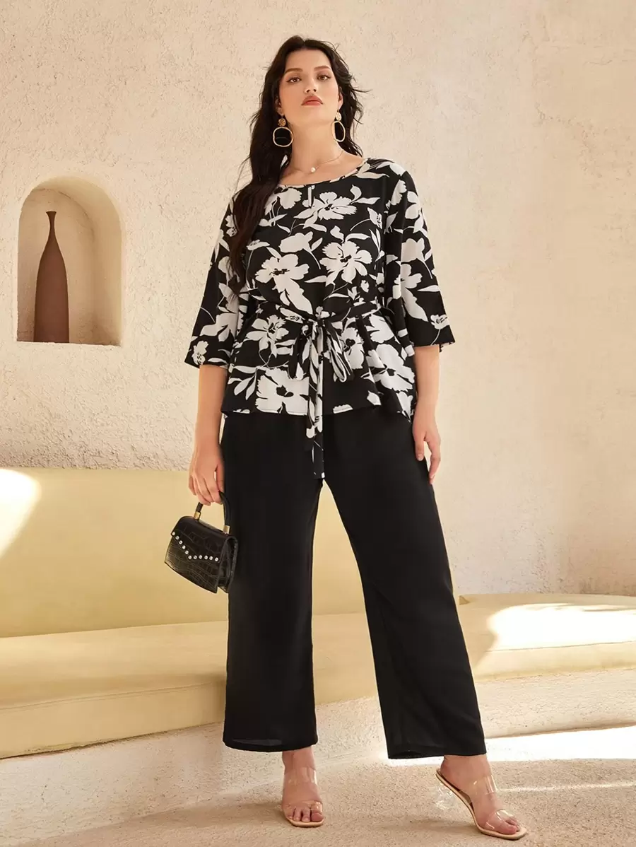 SHEIN Clasi Plus Floral Print Belted Top & Wide Leg Pants - Black and White - View 1