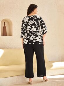 SHEIN Clasi Plus Floral Print Belted Top & Wide Leg Pants - Black and White - View 2