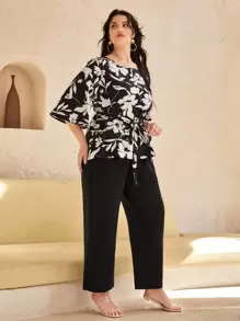 SHEIN Clasi Plus Floral Print Belted Top & Wide Leg Pants - Black and White - View 3