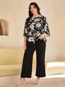 SHEIN Clasi Plus Floral Print Belted Top & Wide Leg Pants - Black and White - View 4