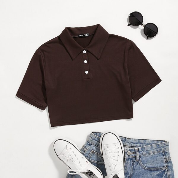 

Solid Crop Polo Neck Tee, Brown